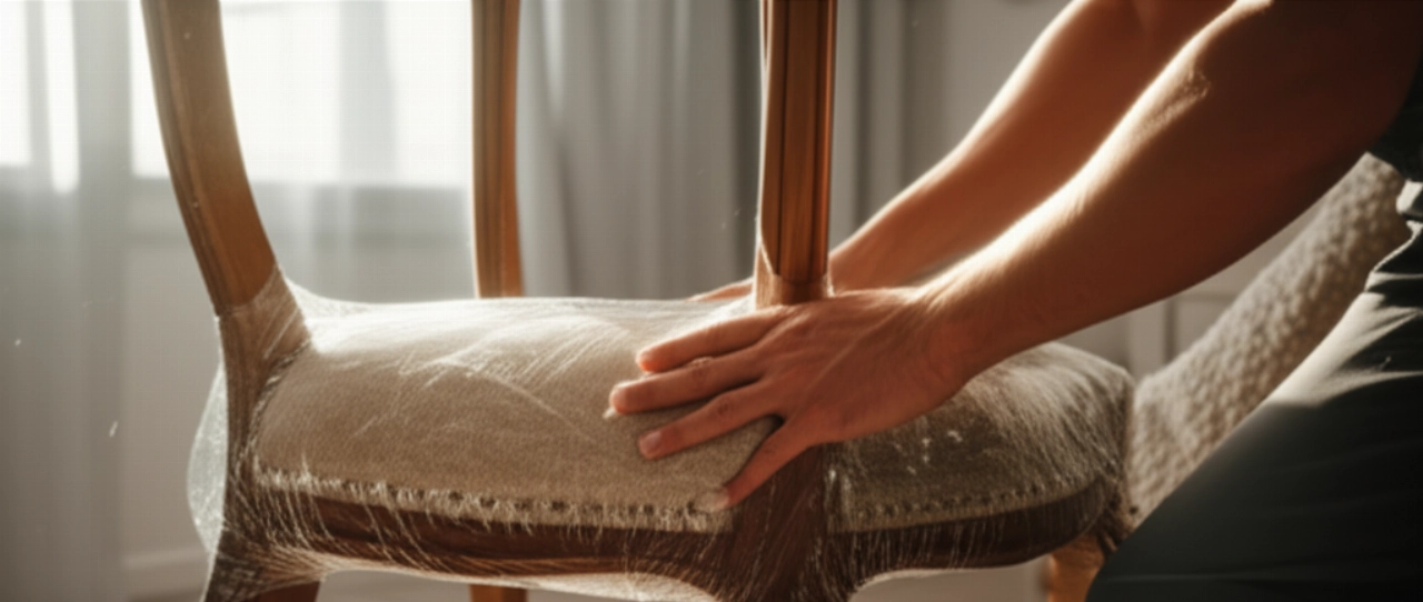 Un mudancero caucásico profesional envuelve meticulosamente una delicada silla antigua con mantas protectoras en una sala de estar bien iluminada.