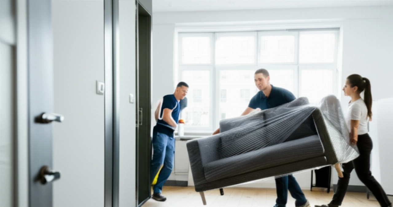 Mudanceros profesionales entregan un sofá en un moderno apartamento alemán, símbolo de un nuevo comienzo.
