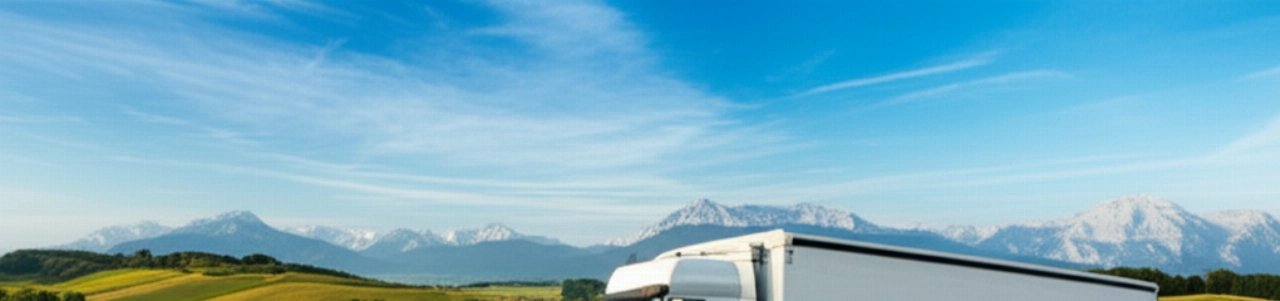 Camión de mudanzas en una autopista panorámica, cruzando paisajes de Italia a Alemania, simbolizando un viaje sin problemas.