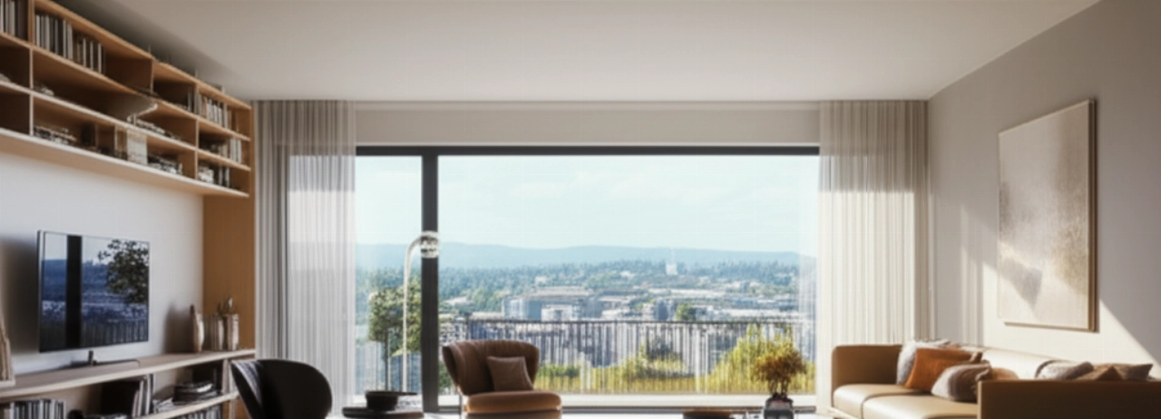 Sala de estar moderna con muebles bien dispuestos y vista panorámica de un paisaje suizo o italiano.