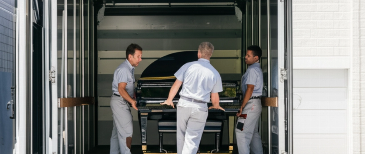 Un gran piano de cola oscuro es cargado cuidadosamente en un camión especializado a través de una rampa robusta, guiado por dos mudanceros caucásicos, en una imagen hiperrealista que enfatiza el transporte seguro.