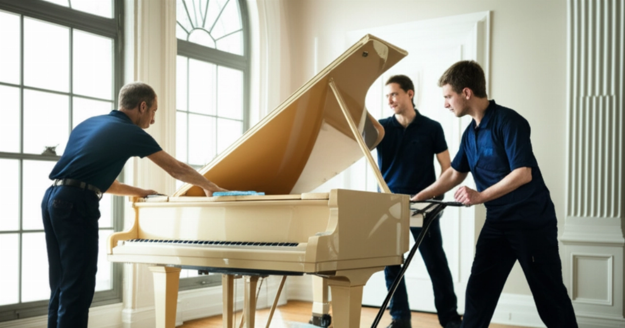 Tres mudanceros profesionales caucásicos realizan los ajustes finales a un hermoso piano de cola claro en una habitación espaciosa e iluminada por el sol, demostrando precisión y trabajo en equipo en una imagen hiperrealista.