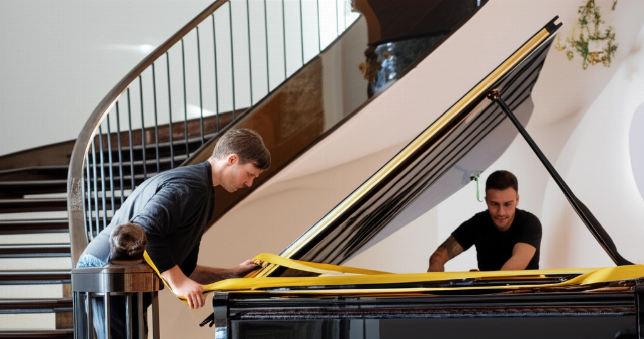 Un piano de cola está posicionado de forma segura en un amplio rellano, con un transportista caucásico ajustando sus correas protectoras, transmitiendo precisión y cuidado.