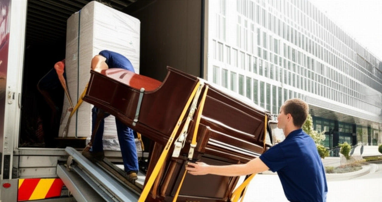 Mudanceros profesionales cargan un piano vertical en un camión usando una rampa especializada.