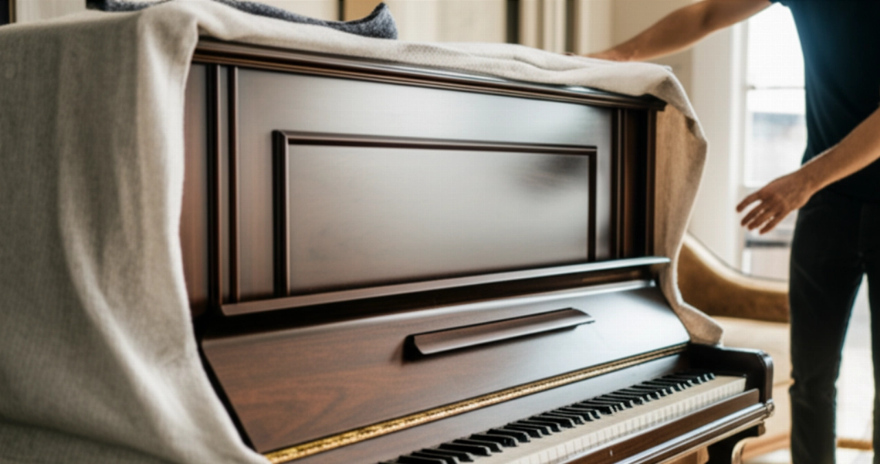 Un piano vertical de madera oscura se coloca suavemente en una habitación luminosa.