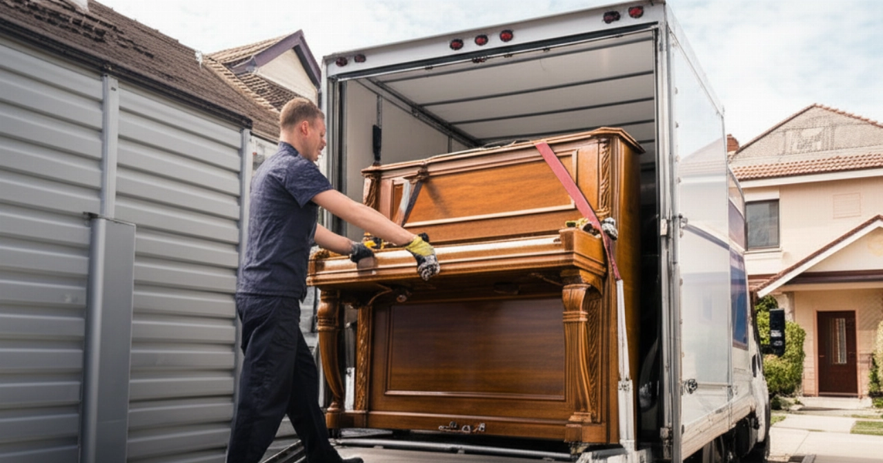 Un mudancero profesional caucásico carga un piano vertical en un camión de mudanzas usando una rampa especializada.