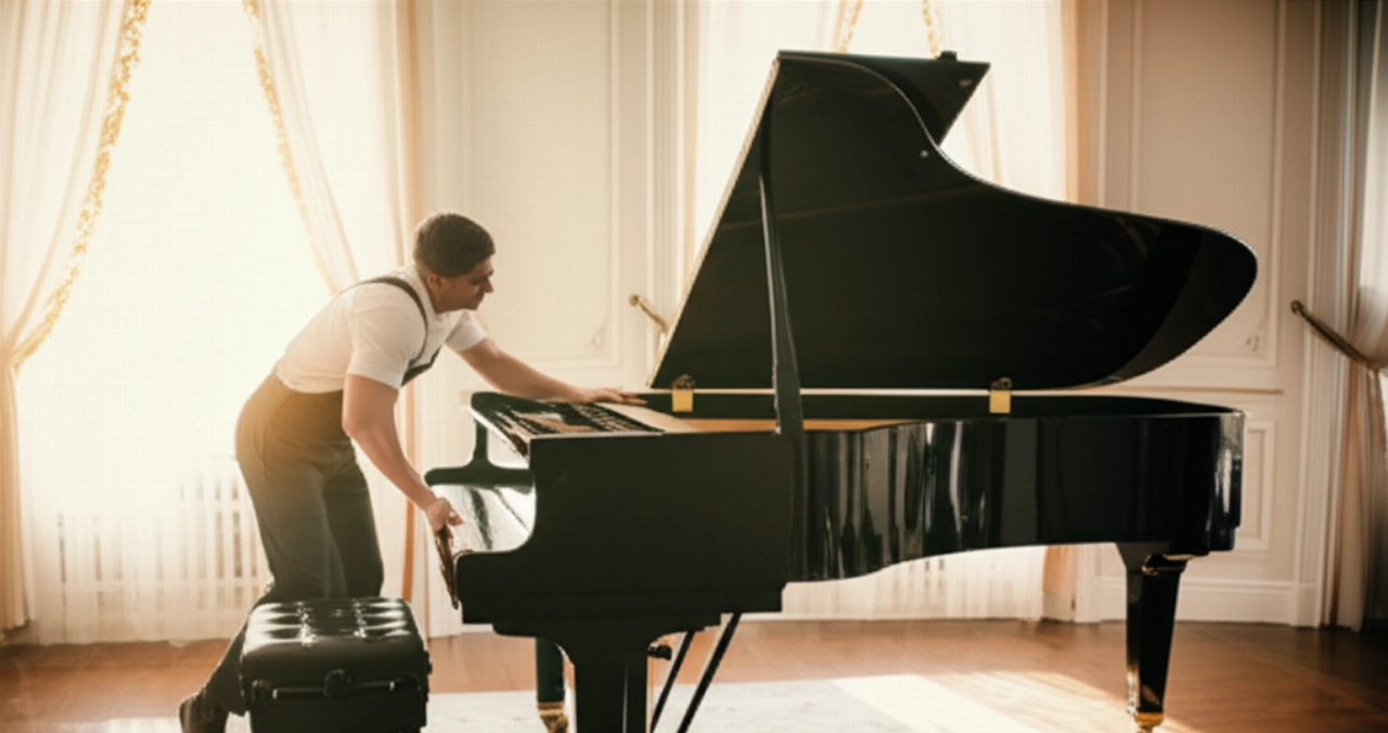 Imagen hiperrealista de un piano de cola recién colocado en un elegante salón, simbolizando una entrega exitosa.