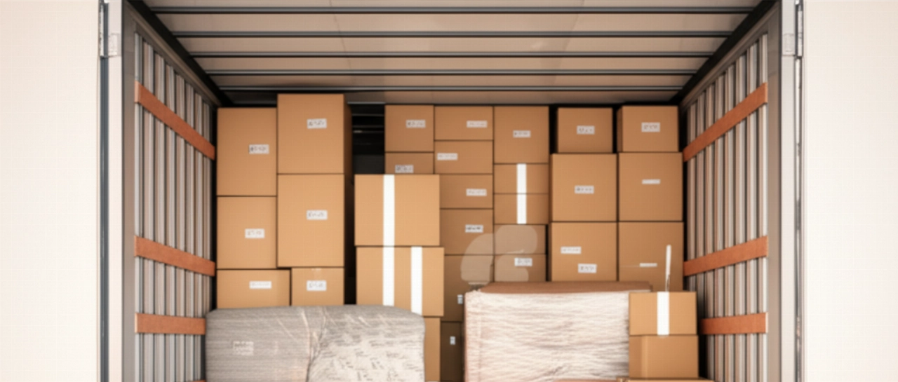 Interior de un camión de mudanzas perfectamente organizado con cajas y muebles embalados.
